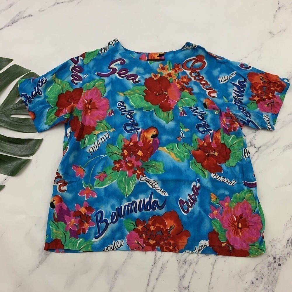 Womens Vintage Tropical Top Size M Blue Red Parrots Islands Tiki Aloha Vacation